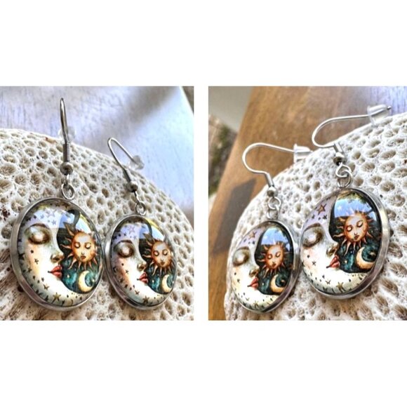 Moon Star Sun Earrings Navy Blue Eclectic Planet Astrology Zodiac Celestial Taro - Picture 8 of 12